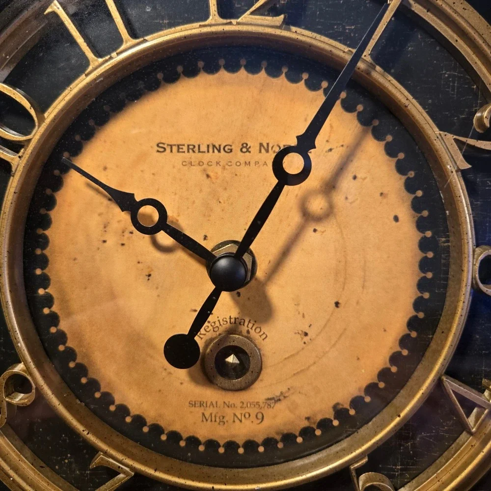 Sterling & Noble Mfg No 9 Wall Clock Black Gold Vintage Industrial Steampunk‎